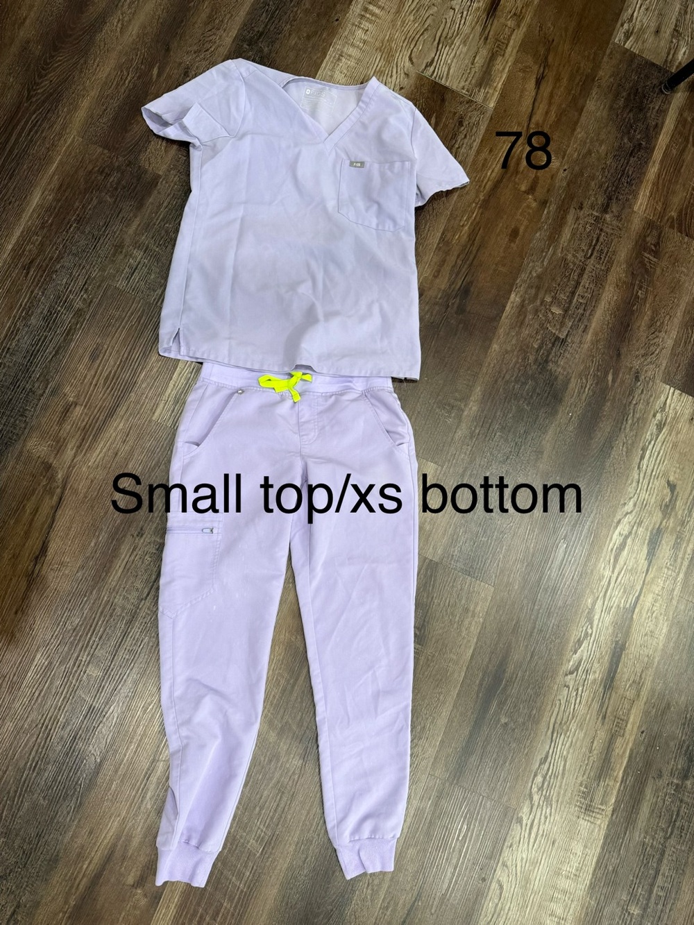 Women’s figs purple small top xs bottom see bleach stain